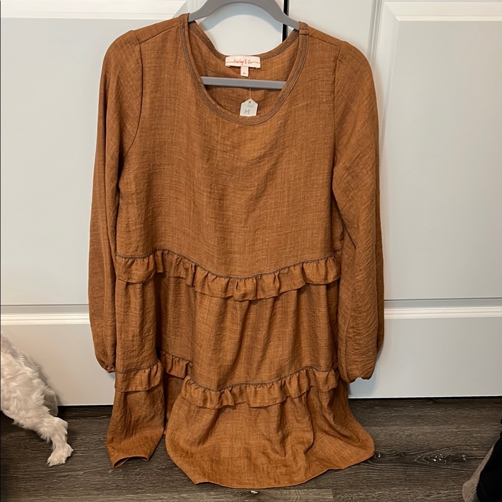 Brown Ruffle Long Sleeve Dress